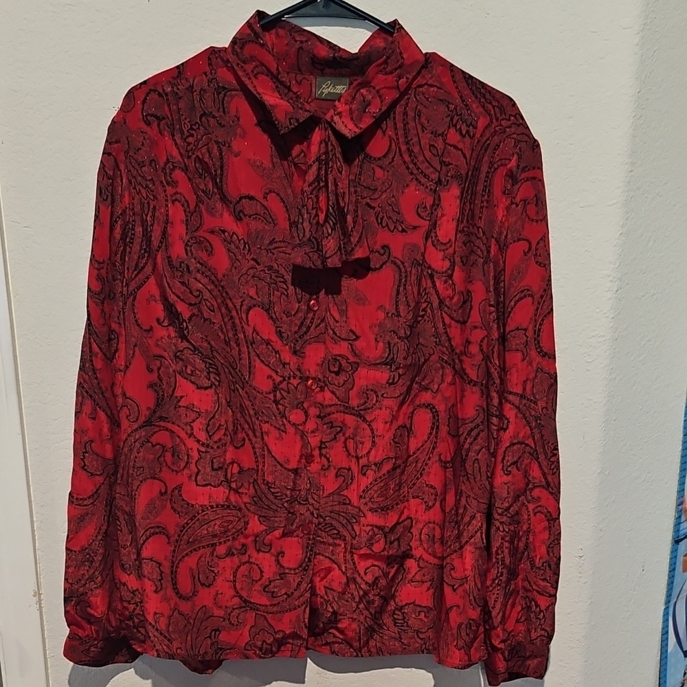 Vintage Pykettes Red Paisley Tie Neck Blouse Long Sleeve Button Front Top L